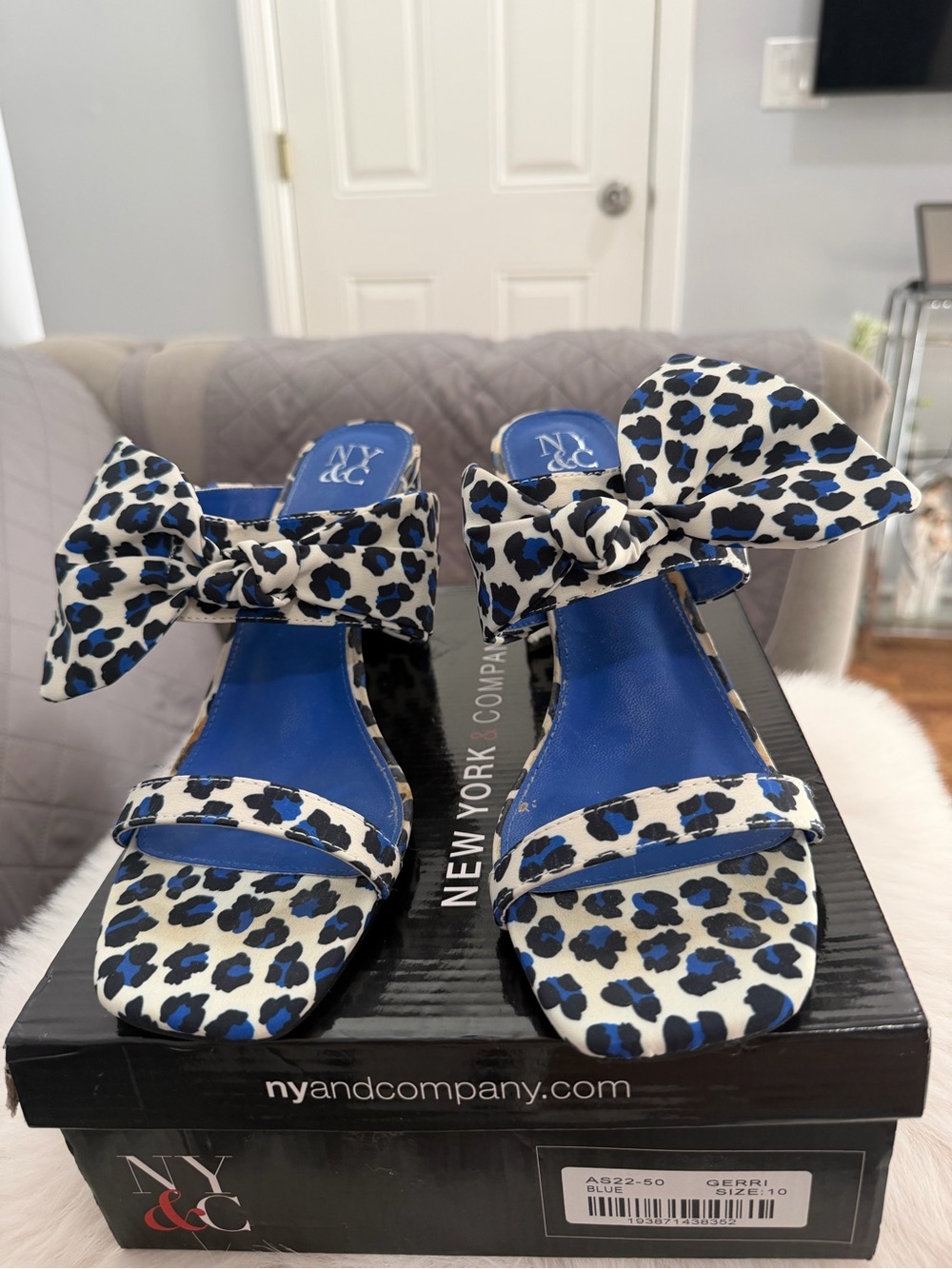 New York & Company Blue and White Leopard Bow Block Heel Sandals